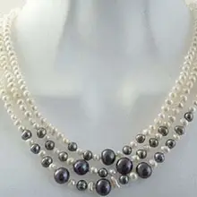 Красивые! 3 ряда 6-7 мм Белый и Черный Новая мода жемчужное ожерелье BV371