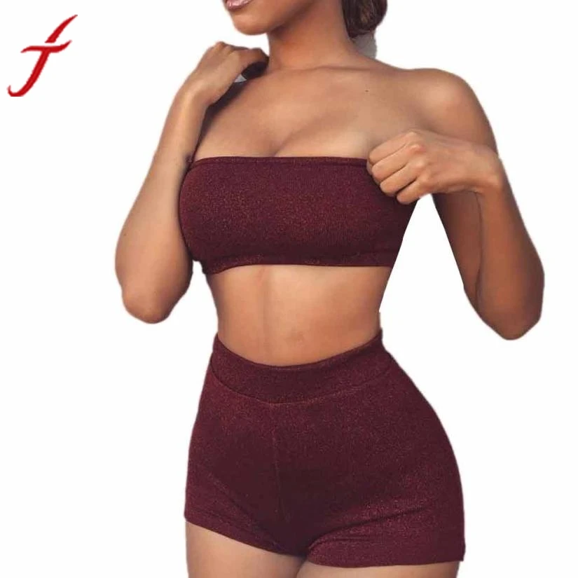 

2019 New Arrival Women Sequins Blouse Sexy Strapless Crop Top Sleeveless Split 2 Piece Set Casual Short Pants Casual Clothes