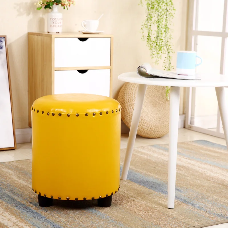 

Modern New Pufe Kruk Madera American Pu Wooden Stool For Shoe Sofa Bench Coffee Table Living Room Round Wear Upscale Footstool