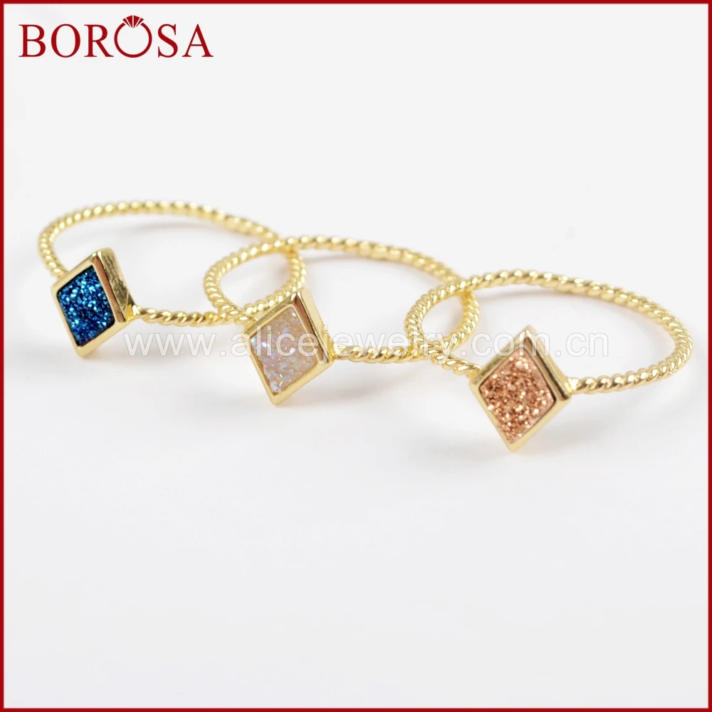 

BOROSA 10PCS Rhombic Gold Color Rainbow Drusy Rings, New Agates Titanium Druzy Bezel Ring Jewelry Mixed Colors for Women ZG0292