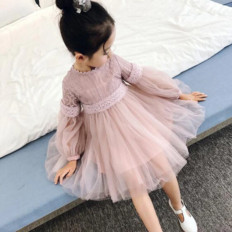 

New Girls Dress Long Sleeve Princess Spring Summer Children's Mesh Lace Sweet Cute Purple and White Children's Dresses