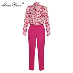 MoaaYina Модный комплект весна женский бант воротник в форме сердца принт элегантная рубашка Топы + 3/4 расклешенные брюки-карандаш комплект из