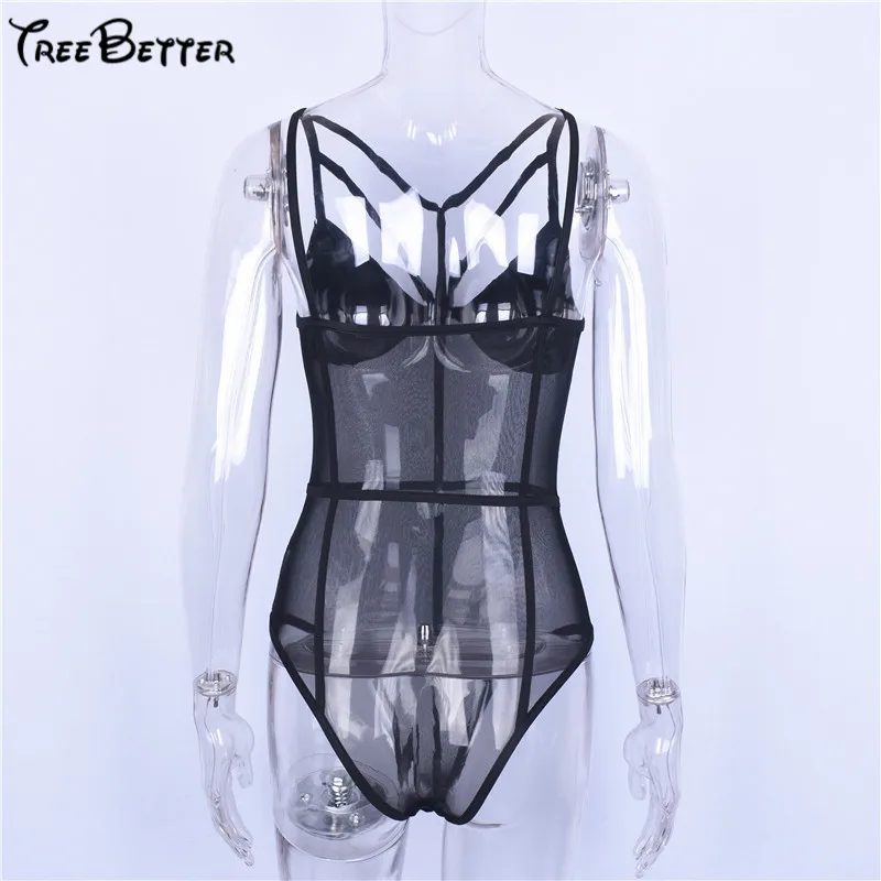 Hollow Out Mesh Spliced Patchwork See Through Skinny Backless Sexy Bodycon Bodysuit Black Women
