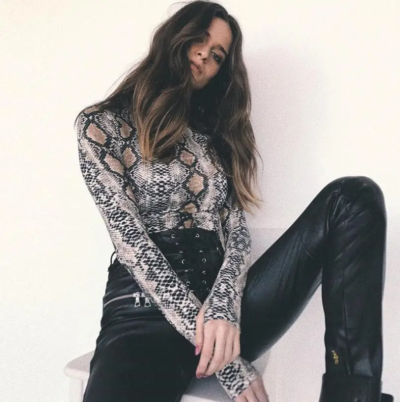 Sexy snakeskin grain long-sleeved jumpsuit women 2019 autumn and winter new slim one-piece trousers with high collar black bodysuit