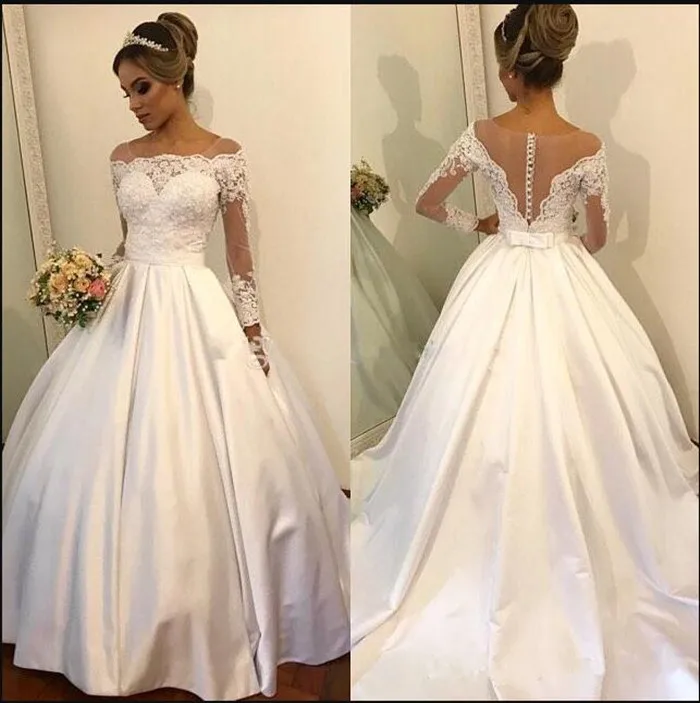 High Quality Ball Gowns For Wedding Satin Wedding Dress Long Sleeves Illusion Back Covered with Buttons Pleats Custom Made Longo
