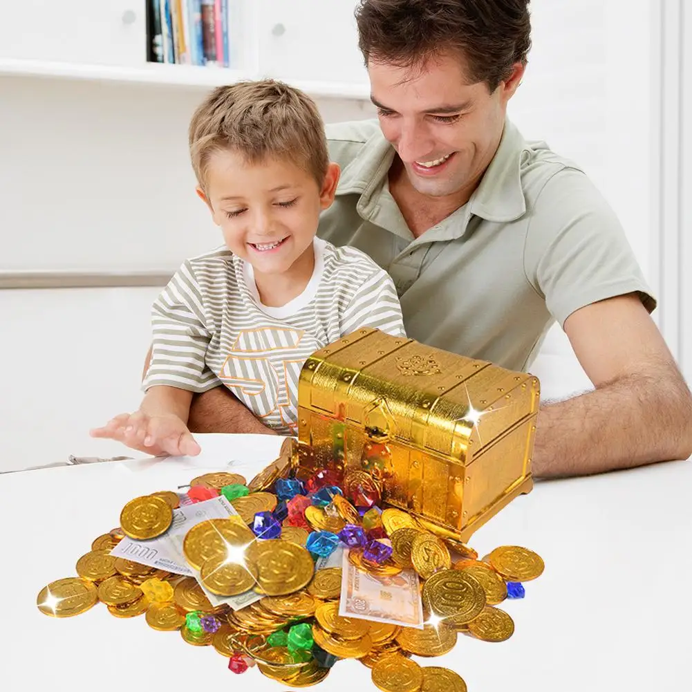 Children Treasure Hunting Box pirate coins Treasure Box Electroplated Retro Plastic Toy Gold Coins and Pirate Gems Jewelry
