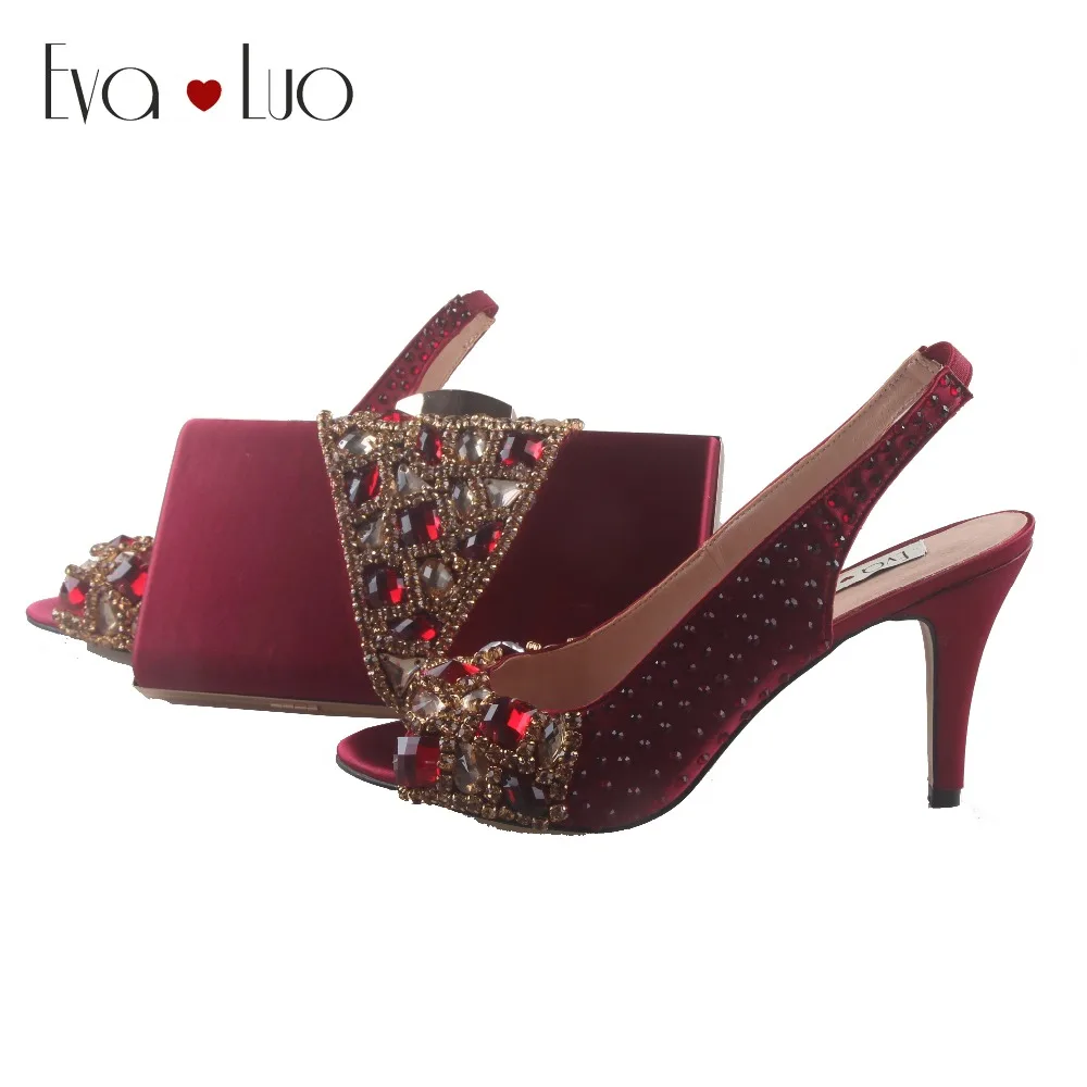 

BS851 DHL Custom Made Winered Burgundy Crystal Shoes With Matching Bag Slingbacks Women Shoes Dress Pumps Bridal Wedding Shoes