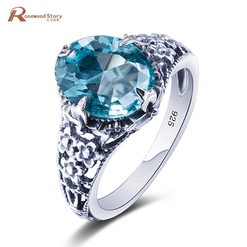 

Fashion Real 925 Sterling Silver Oval Cut Ring Flower Wedding Finger Blue Rhinestone Crystal Jewelry Engagement Rings For Women