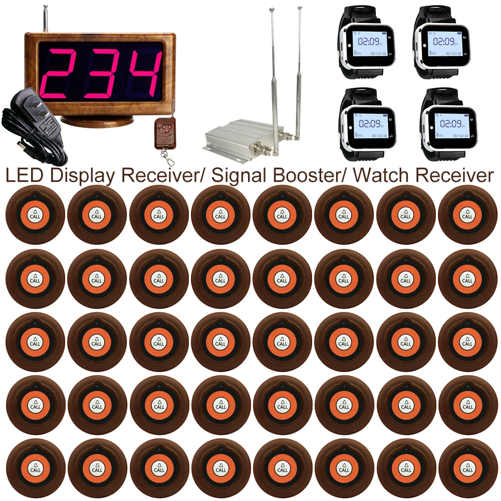 JINGLE BELLS Wireless Waiter Calling System For Restaurant Hotel 40 Call Button 1 Main Host 4 Watch Pager 1 Signal Booster