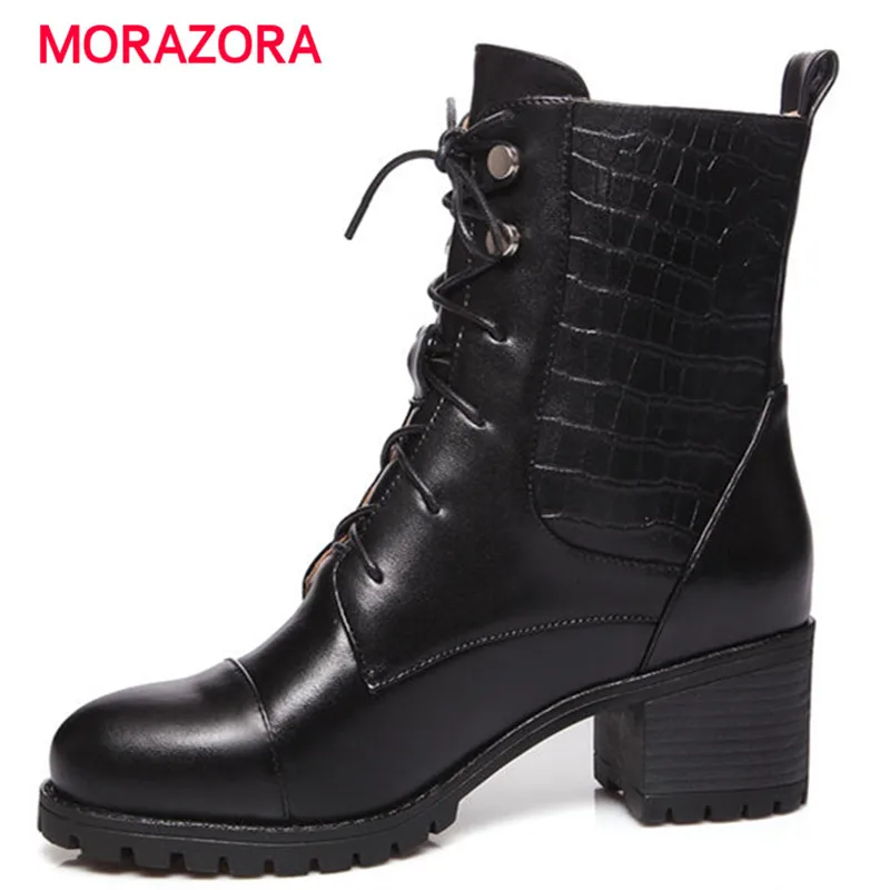 

MORAZORA 2018 new autumn winter cross tied women boots comfortable round toe lace up genuine leather boots high heel ankle boots