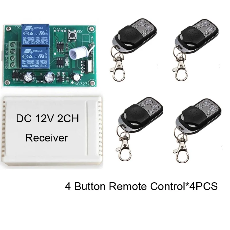433 МГц Универсальный беспроводной пульт дистанционного управления DC 12 В 2CH релейный модуль приемника RF переключатель 4 кнопки дистанционного управления ворот гаража - Цвет: 1 Receiver 4 RC