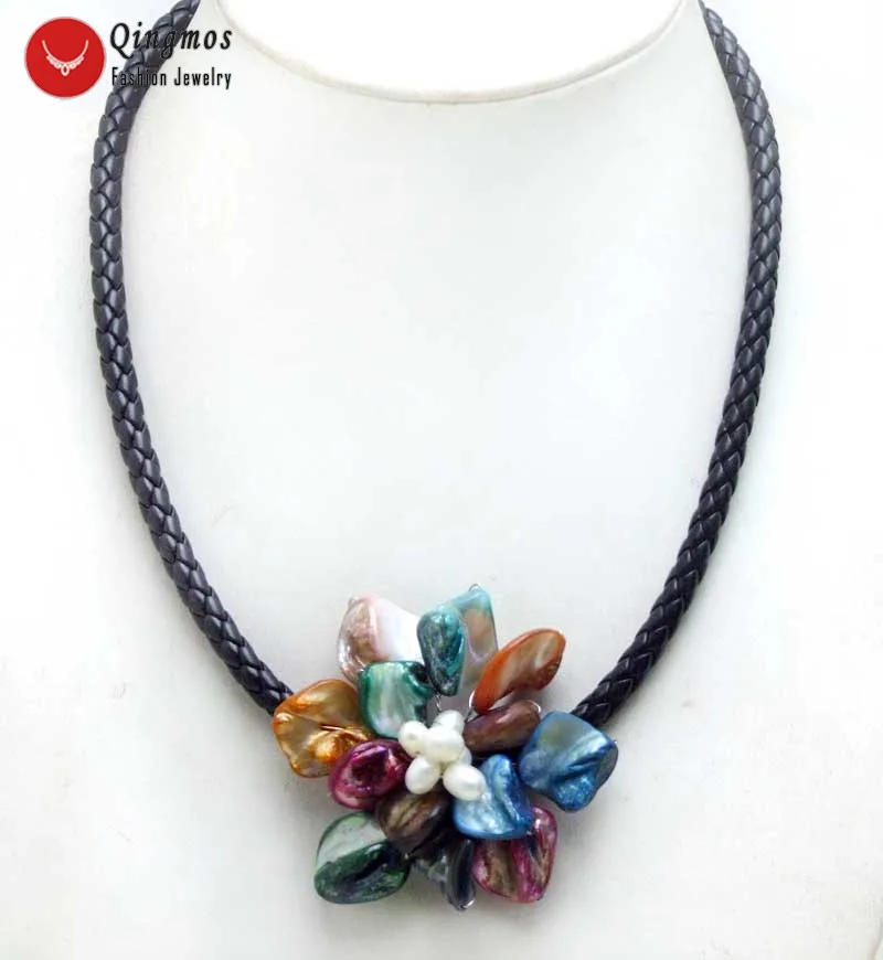 

Qingmos Multicolor Baroque Shell Flower 18'' Pendant Chokers Necklace for Women with Natural White Pearl Black Rope Colar 6318