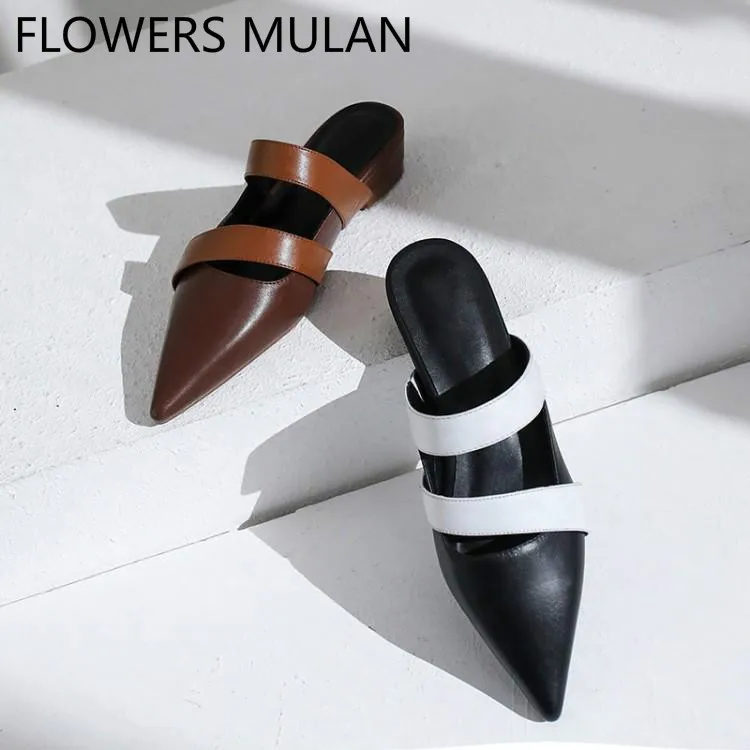 

Women Sandals 2019 New Designers Pointed Toe Two Buckle Mules Slip On Beach Shoes Woman Shallow Womens Flats Runway Slippers