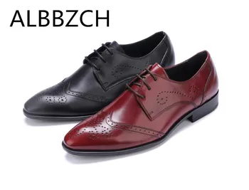 

New Genuine Leather Dress Men Brogue Shoes Red Black Wedding Shoes Mens Pointed Toe Laces Comfortable Business Office Work Shoes
