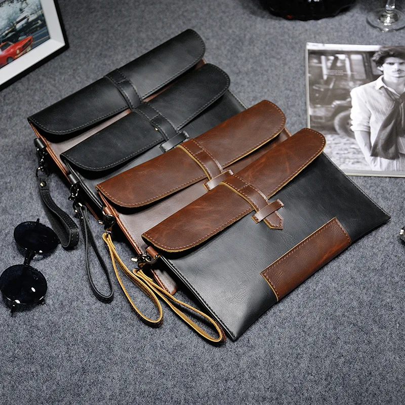 PACGOTH Vintage gentlemen PU Crazy Horse Leather envelope clutch bags men with wrist strap splicing hasp