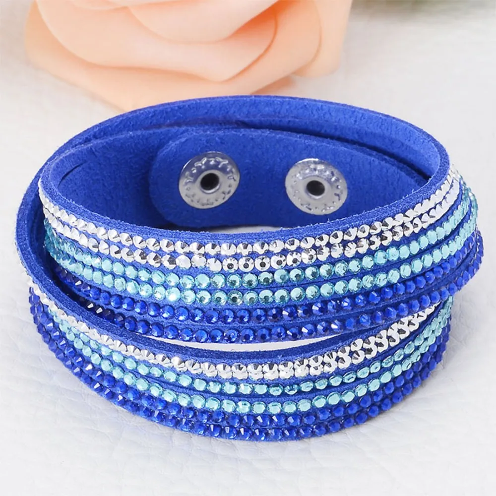 Многослойный кожаный браслет с двойной обмоткой кристаллами|leather bangle|bangles for