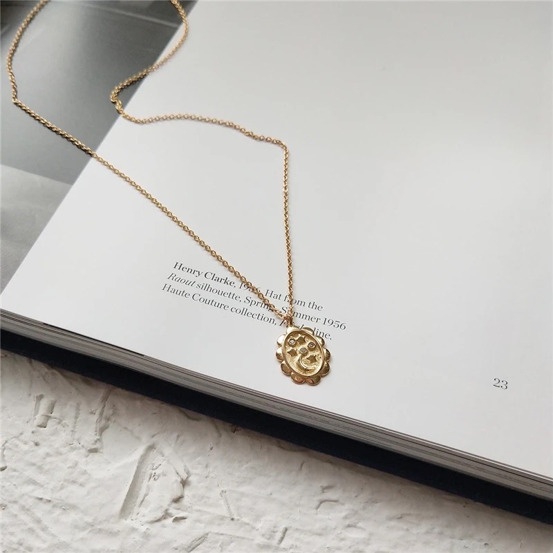 Очаровательное золотистого цвета луна ожерелье с кулоном в виде звезды 925 пробы серебряная овальная монета Кристалл колье ожерелье женское многослойное колье