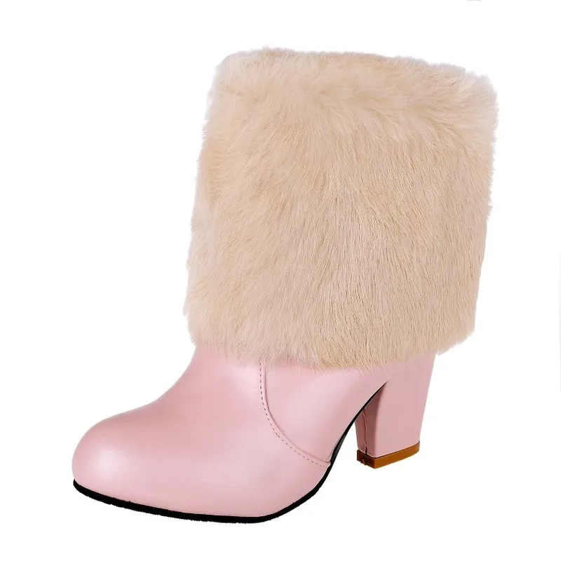 Женские ботинки осенне-зимняя обувь на высоком каблуке г. Новые пикантные модные мотоботы до середины голени из Pu искусственной кожи с теплым мехом черный, розовый, белый