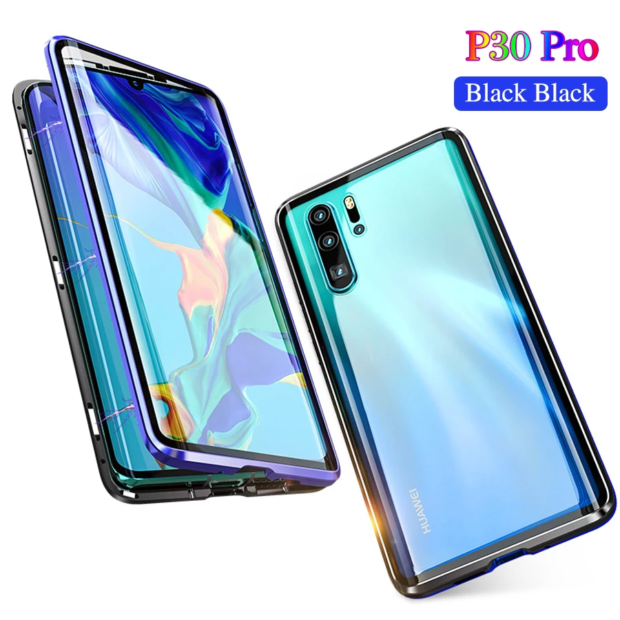 Роскошные кожаные Магнитная Адсорбция металлический корпус для huawei P30 Pro P30pro Etui 360 Полное покрытие изогнутая Стекло двойной прозрачные Экран протектор - Цвет: Blue Black  P30Pro