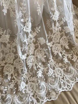 

Ivory Alencon Lace Fabric Floral Pearl Beaded Sequined Wedding Lace Fabric 53 Inches Wide 1 Yard