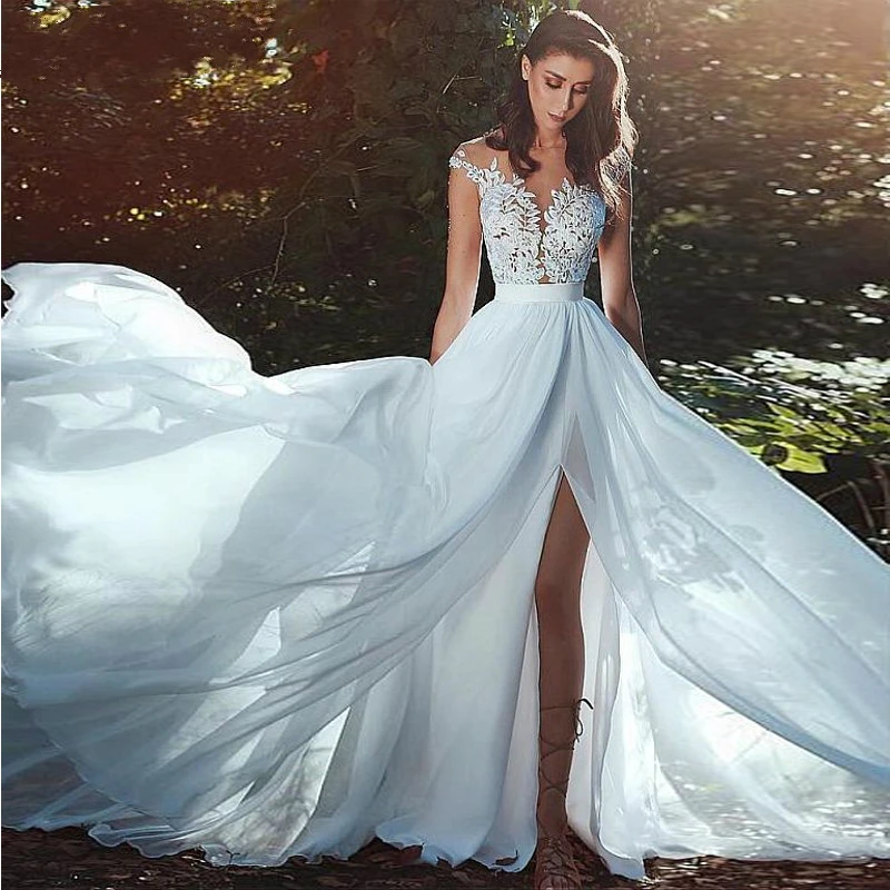 

Chiffon Boho Wedding Dress With Lace Appliques Side Slit Beach Wedding Gowns China Bridal Gown Vestido De Casamento Com Renda