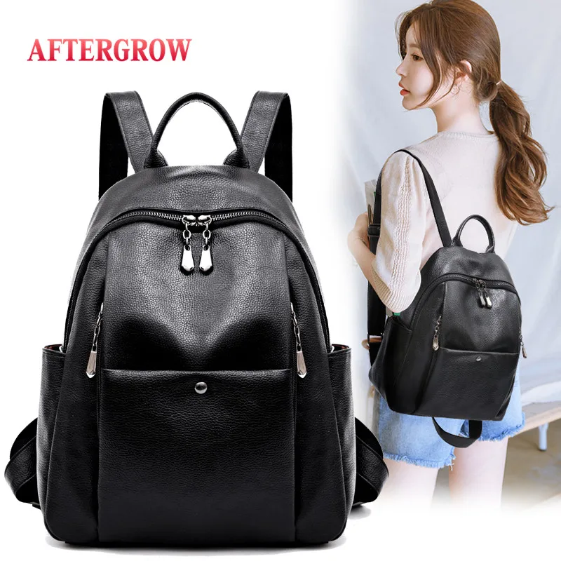 

2019 New Korean Preppy Style Soft Leather Backpack Double Zipper Teenager Girls Student Backbag Unisex satchel Travel Back Bags