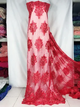 

3d african lace fabric 2019 high quality lace with Plenty stones red wedding lace fabric wholesale nigerian style 5yard/lot