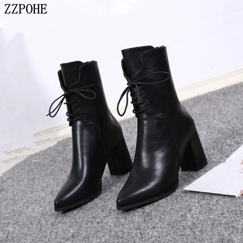 US $21.79 25% OFF|Hot Autumn Winter Fashion Women Boots Ladies Party High Heels Ankle Boots Woman Lace up Soft Leather Platform Shoes in Ankle Boots SOFT LEATHER HIGH HEEL ANKLE BOOTS