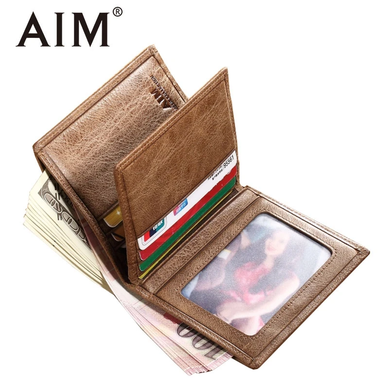 AIM Vintage Oil Wax Men Wallet Famous Brand Genuine Leather Wallet For