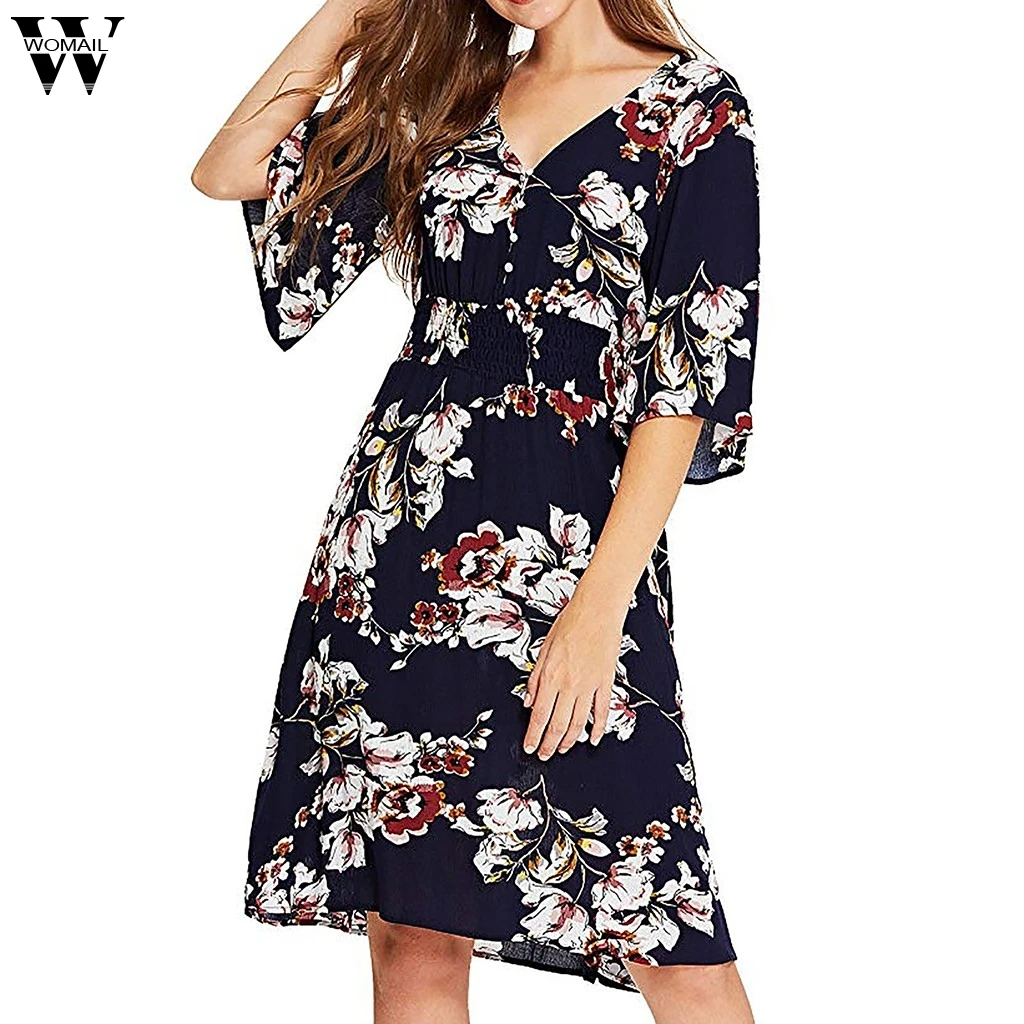 

Womail dress Summer woman Half Sleeve Print Buckle Round Neck Female Dress Party Dress Beach Fashion Casual NEW 2019 M13