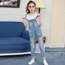 Весенне-летние детские рваные джинсы для девочек детский джинсовый комбинезон, комбинезон, брюки свободные повседневные леггинсы для подростков W39