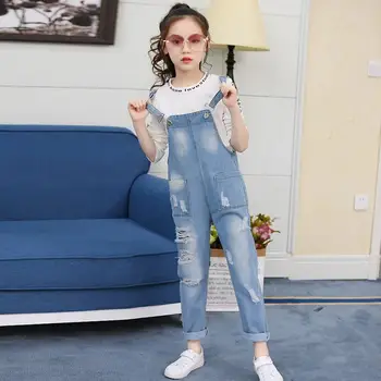 

2019 Spring Summer Kids Girs Hole Ripped Jeans Pants Children Denim Jumpsuit Overall Trousers Teenage Loose Casual Leggings W39