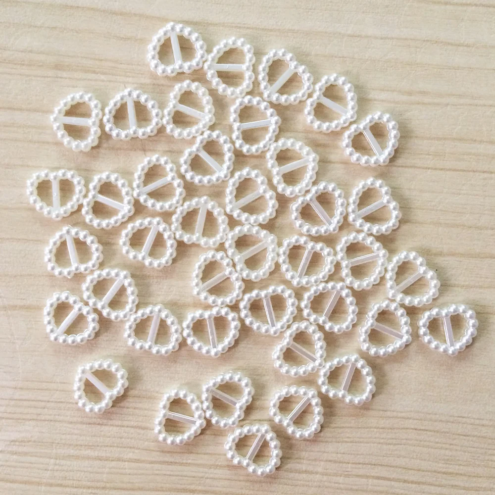 

100pcs White Ivory Heart Shaped Pearl Ribbon Buckles Sash Slider Wedding Stationery Cardmaking Scrapbooking Beads Embellishment