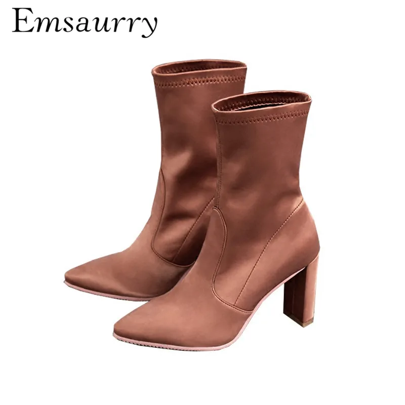 

Concise Chunky Heel Ankle Boots Women Sexy Pointed Toe Slim Suede Luxury Satin Seasonal Runway Botas Mujer