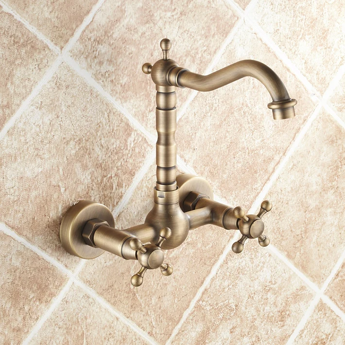 

Dual Handle Wall mounted Antique Brass Kitchen Faucet Vanity Faucet Swivel Mixer Tap Crane Faucet banheiro