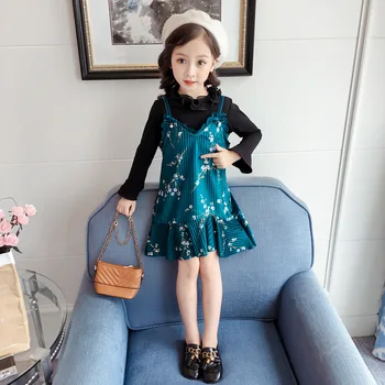 

Spring Autumn baby tee+ dress girls 2 pcs set children fashion suit kids clothes floral sleeve strap pearl ruched 2 to 8 yrs