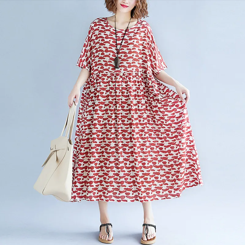 

Johnature 2019 Women Clothing Casual Korean Summer Dress High Waist Print O-Neck Short Sleeve Loose Beach Women Dresses