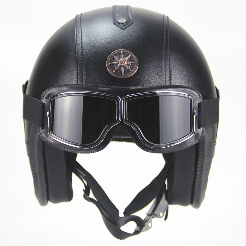 

Free shipping PU Leather Helmets 3/4 Motorcycle Chopper Bike helmet vintage motorcycle helmet with goggle mask