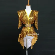 Изготовленный на заказ Женский сексуальный блестящий топик для сценического танца, Beyonce Стиль Bling пальто куртка блестящий костюм