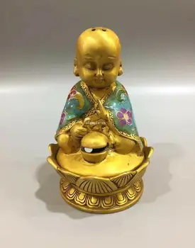 

5'' bronze copper gold cloisonne enamel flower small buddha boy monk censer