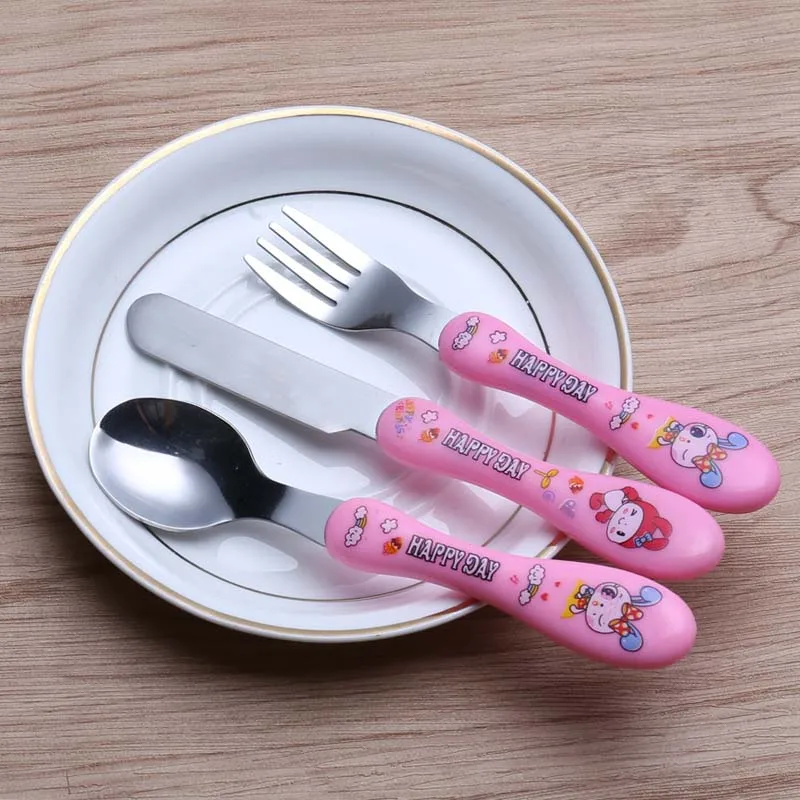 Baby Kids Feeding Spoon Fork Knife Set Stainless Steel 3Pcs/Set