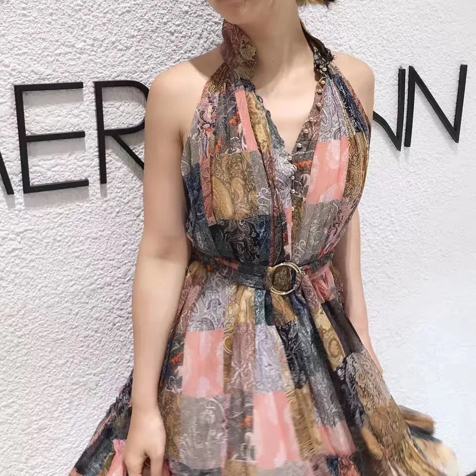 

EXCOSMIC 2019 High Quality Patchwork Floral Embroidery Woman Flare Sleeve Elegant Party Dress Floral Print Short Noble Dress