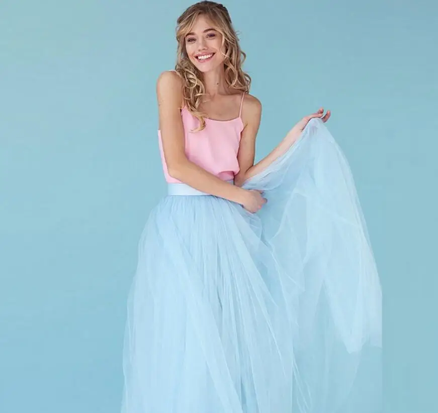 Custom Made Modest Sky Blue Tulle Skirt Floor Length Long Maxi Skirt