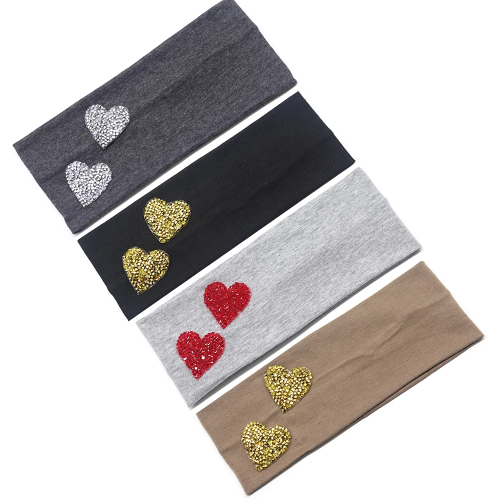 

Women's Headbands Summer Fashion Silver Heart Rhinestone Stretchy Head Band for Girls Lady Cotton Solid Bandage Hair Accessories