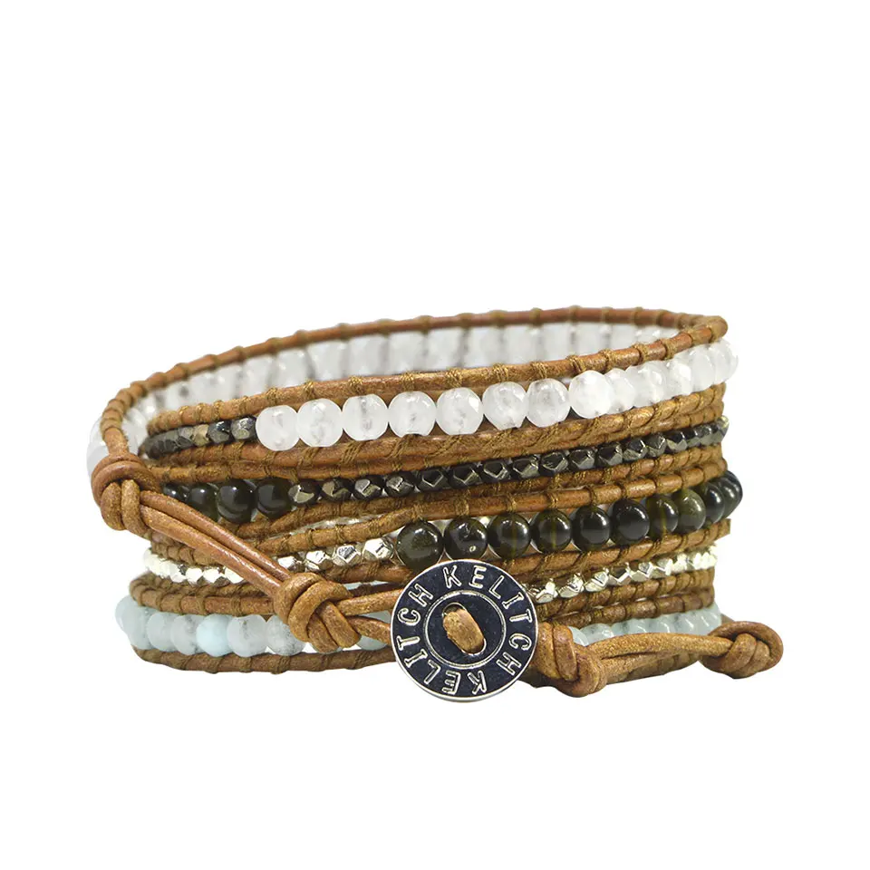 

KELITCH Bracelets Jewelry 5X Wrap Leather Bracelets Crystal Beads stone Bracelets Bohemian Multilayer Beach Handmade Bracelet