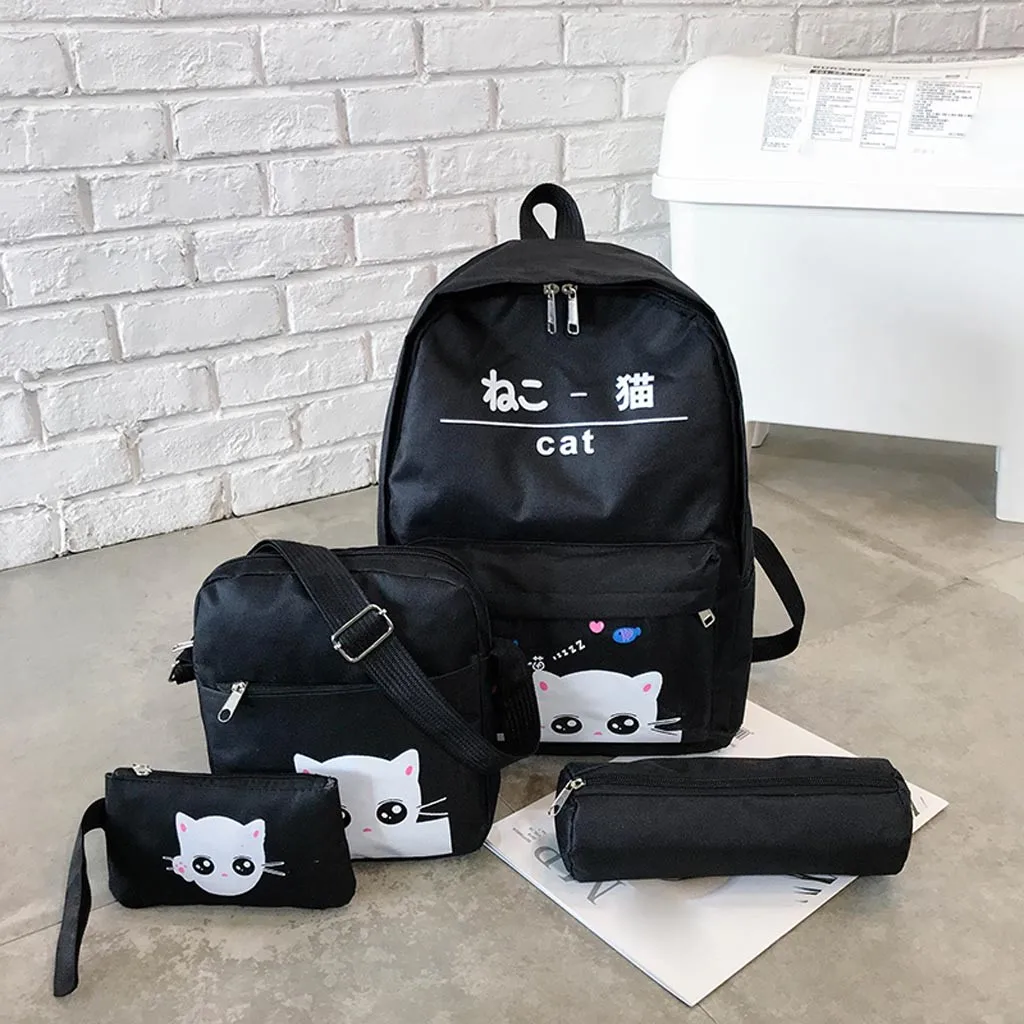

4 Piece Women Backpack Printed Cat Backpack Travel Student Bag School Bag For Teenagers Girl Shoulder Bag Bagpack Rucksack#35