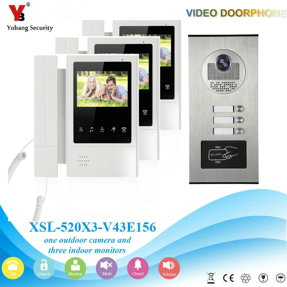 Yobangбезопасности видеодомофон 4," дюймовый видеодомофон дверной звонок камера монитор система RFID контроль доступа 1 камера 10 монитор - Цвет: V43E168530X3