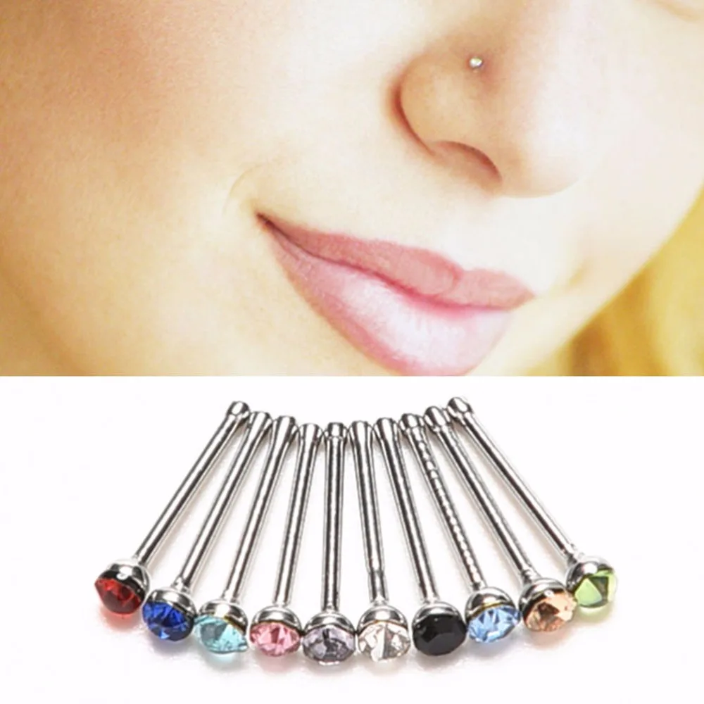 

2018 New Indian style Simple Crystal Rhinestone Nose Ring Bone Stud Surgical Steel Body Piercing Jewelry 10pcs