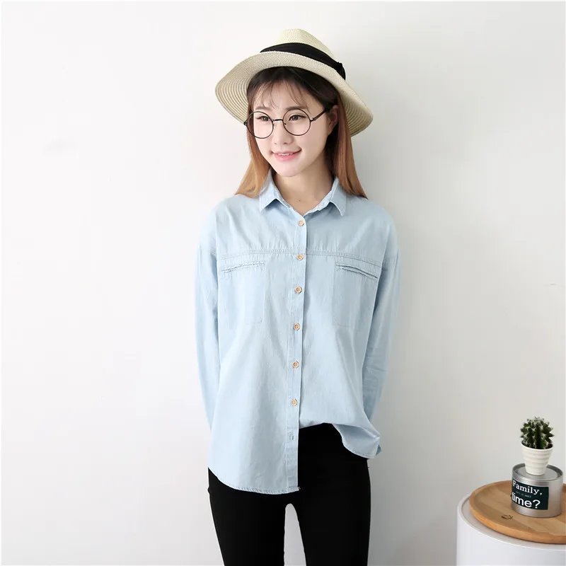 Women's Denim Shirt Long Sleeve Casual Denim Blouse With Faux Pockets ...