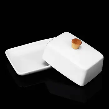 

8 Inch Nordic Butter Sealing Box Ceramic Butter Plate with Wood Lid Cheese Storage Tray Butter Dish White